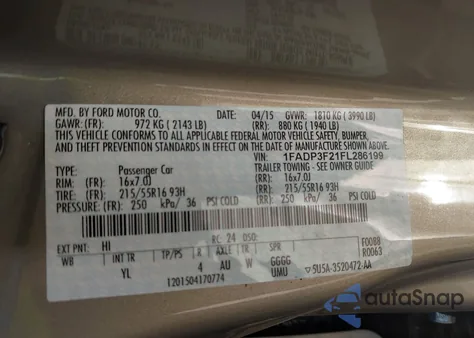 2015 Ford Focus Se from USA, damaged, VIN 1FADP3F21FL286199